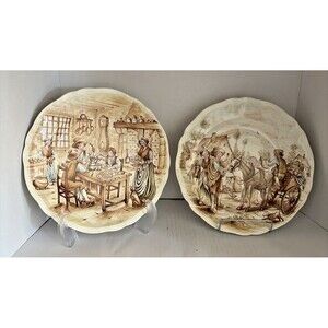 Vtg Sarreguemines France Scenes Villageoises Ceramic Plates Scalloped Edge